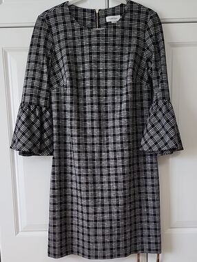 Calvin Klein Black and White Plaid Midi Dress with Bell Sleeves